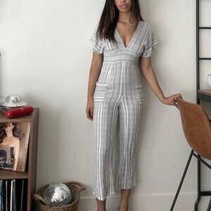 Striped Jumpsuit V-Neck Tie Back Pockets Casual Summer Romper